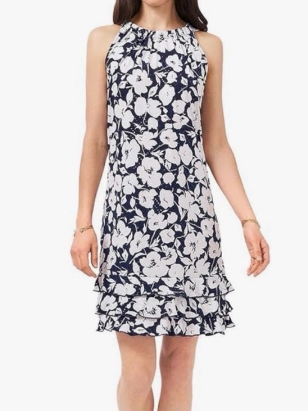 MSK Navy & White Sequin Embellished Tiered Ruffle Dress